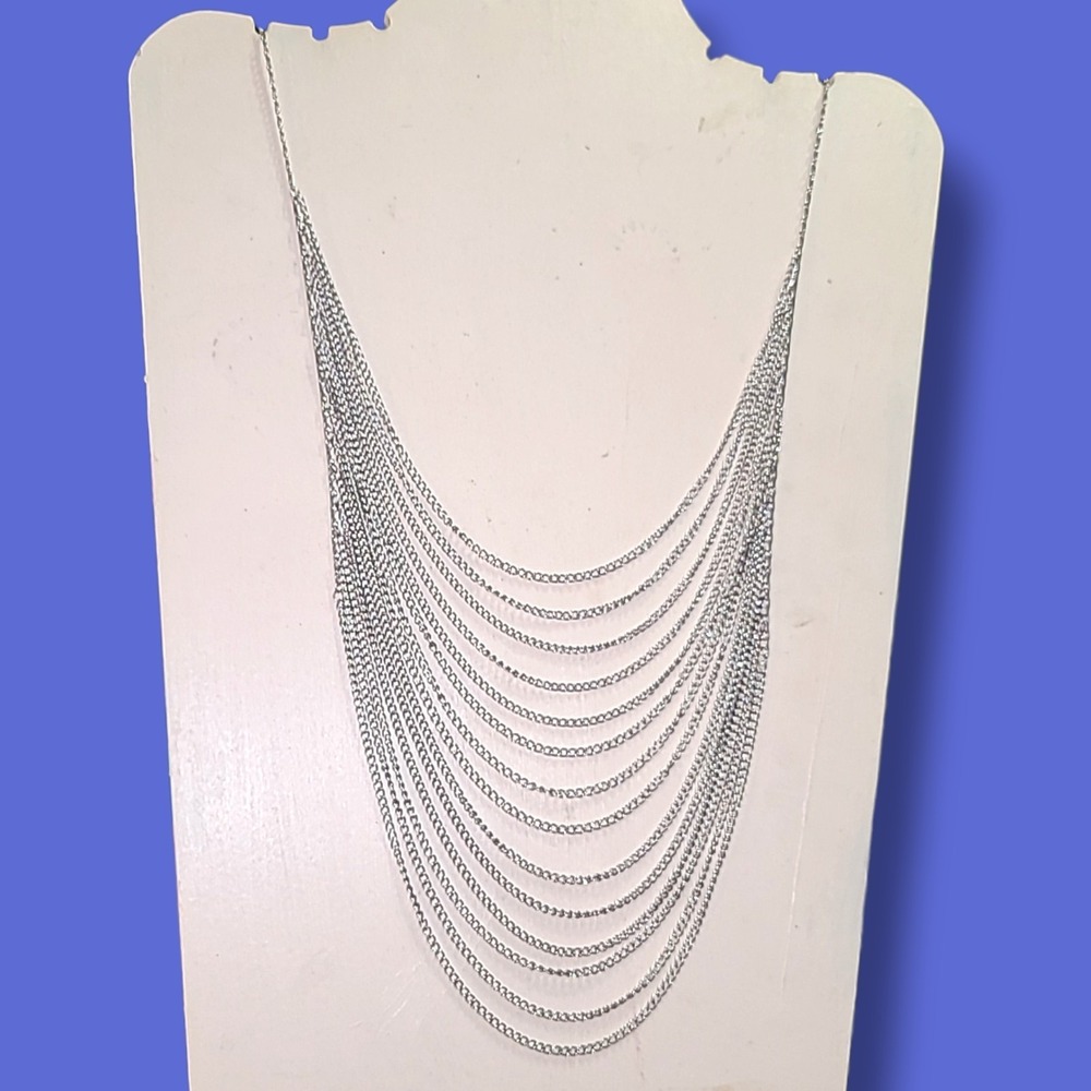 Vintage Y2K Silver Tone Multi Strand Draped Chain Statement‎ Necklace Bib